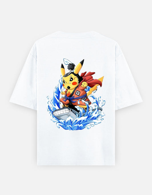 Pokemon One Piece crossover tee featuring Pikachu in a samurai outfit on a wave