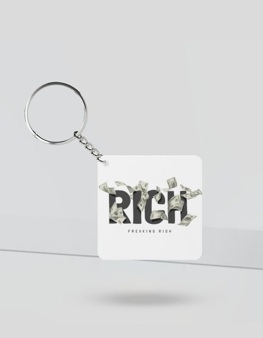 White square rich money keychain with dollar bill design and metal ring attached