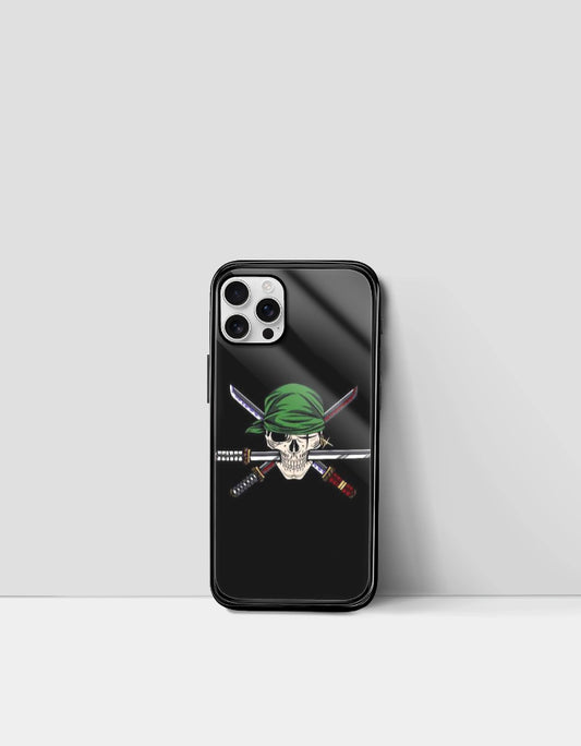 Roronoa Zoro iPhone case featuring skull with green bandana and crossed swords design
