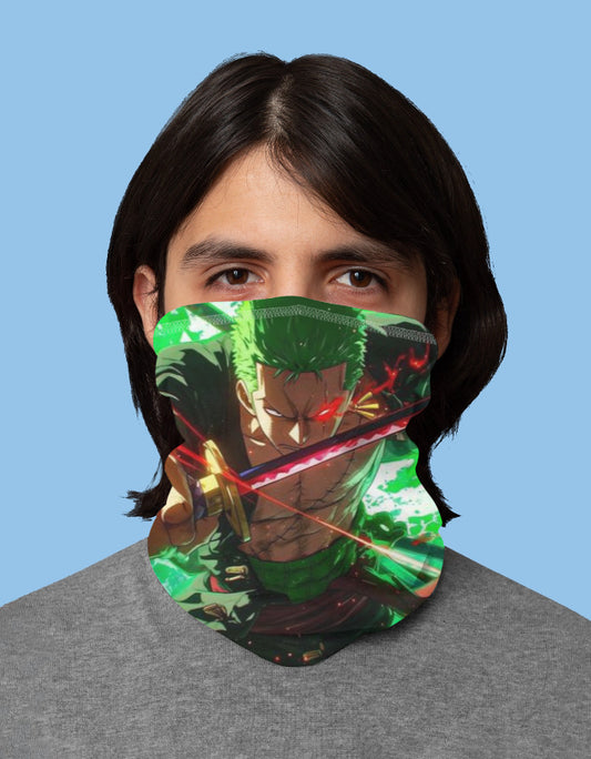 Rouge Shinobi Zoro face mask featuring vibrant anime design of Zoro with his sword