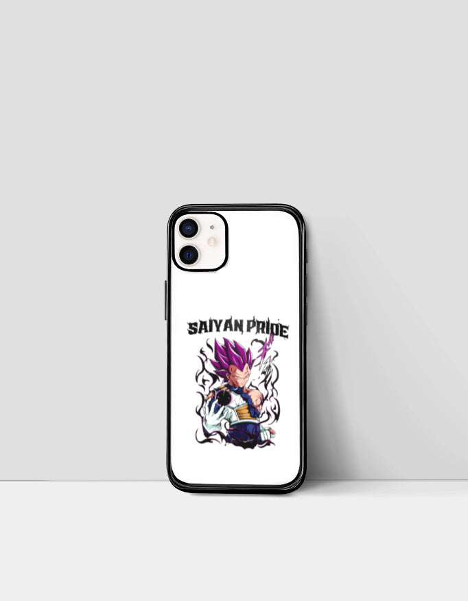 Saiyan Pride phone case with anime character in purple hair and bold text design on white background