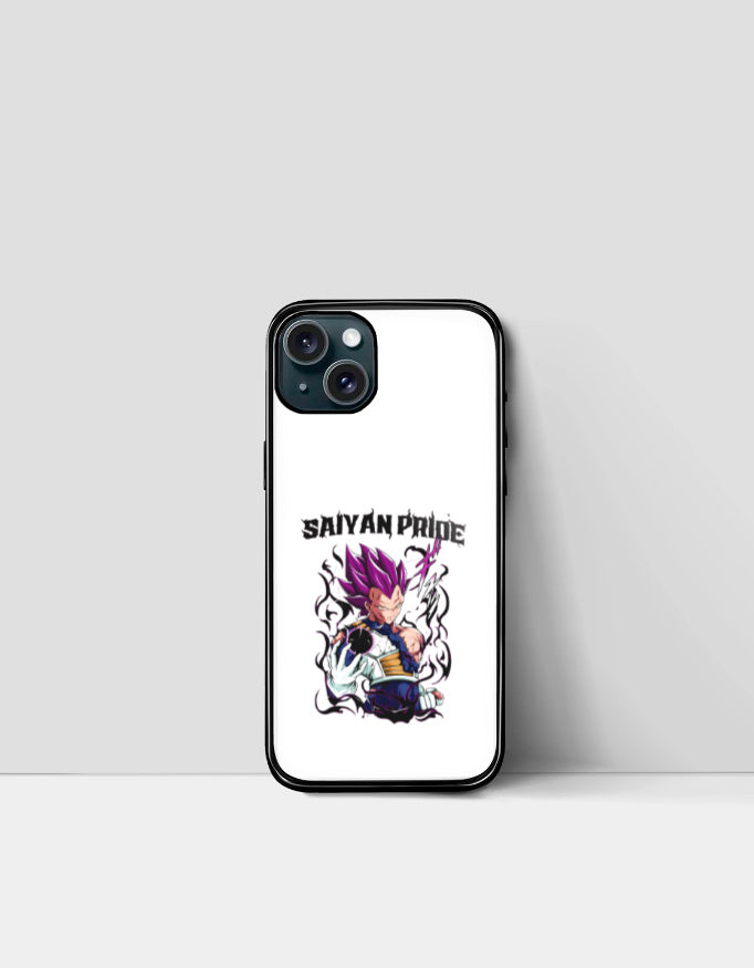 Saiyan Pride phone case featuring anime character with purple hair and energy aura on white background