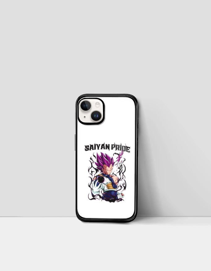 Saiyan Pride phone case featuring purple-haired Saiyan character with black border for iPhone