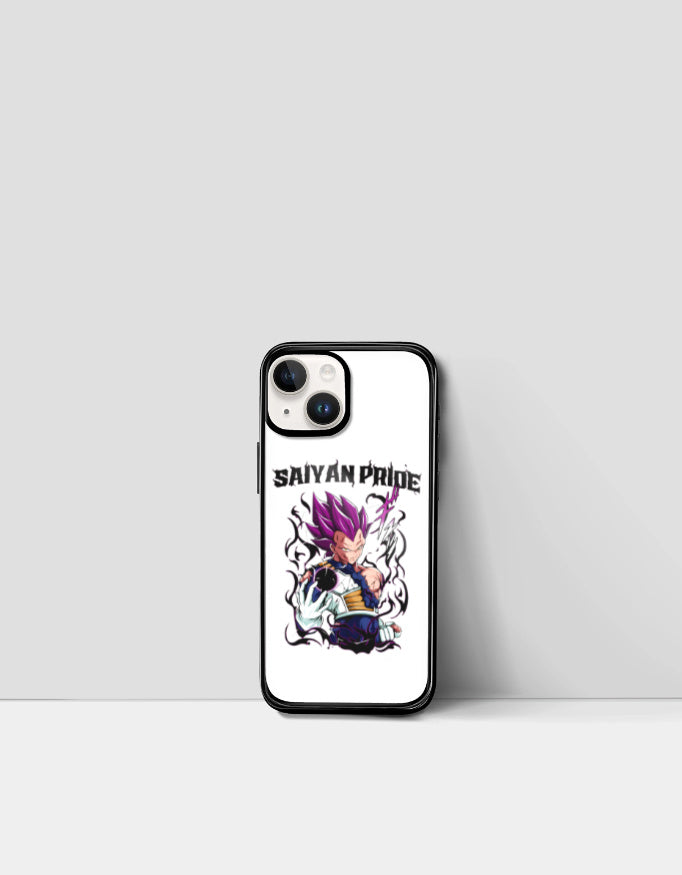 Saiyan Pride phone case featuring a fierce purple-haired Saiyan character with bold text design