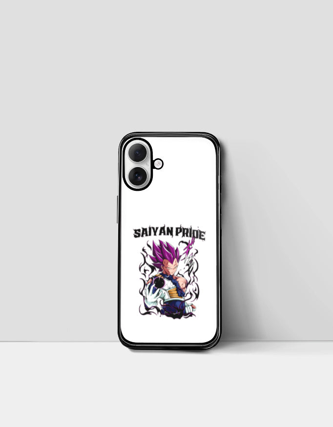 Saiyan Pride phone case with purple-haired Saiyan warrior graphic and bold text design