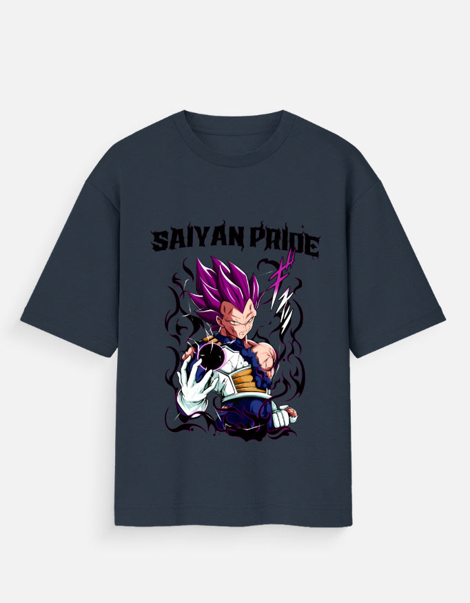 Saiyan Pride unisex tee with purple-haired anime warrior graphic on front in dark gray
