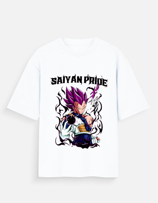 White Saiyan Pride unisex tee featuring a vibrant anime character with purple hair and dynamic black flames