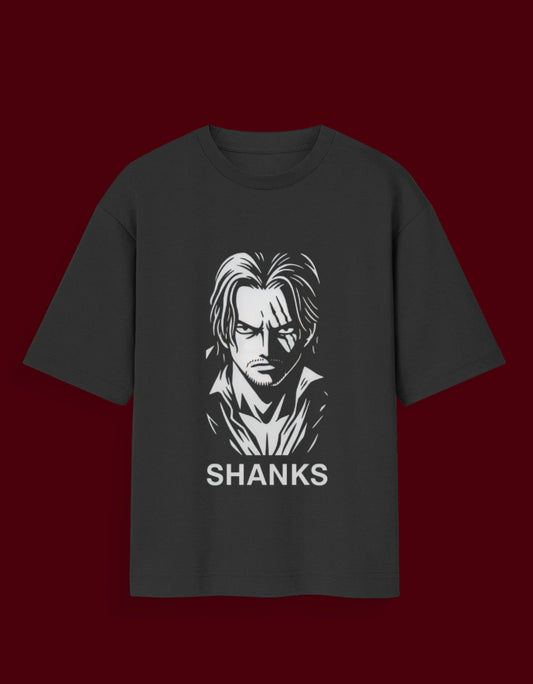 Black Shanks glow in the dark t-shirt featuring a bold white graphic of Shanks from anime