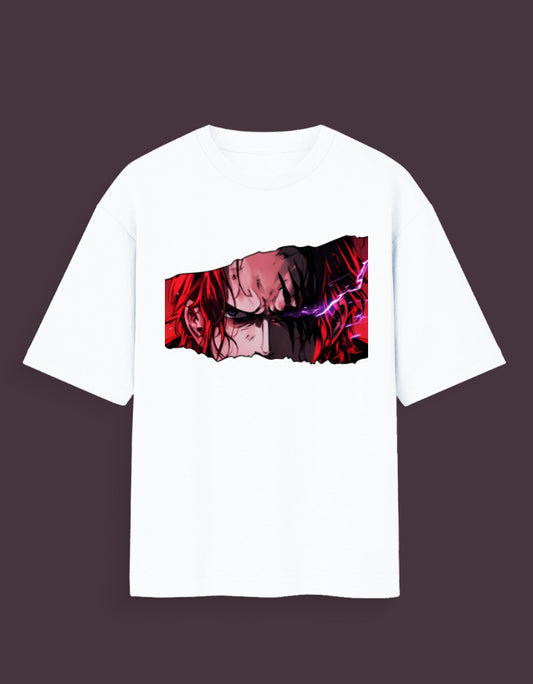 White Shanks haki oversized t-shirt featuring a colorful Saiyan Pride anime character graphic