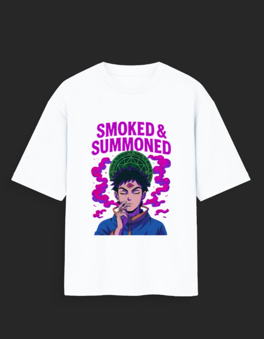 White t-shirt featuring a colorful anime character illustration with text smoked and summoned tee