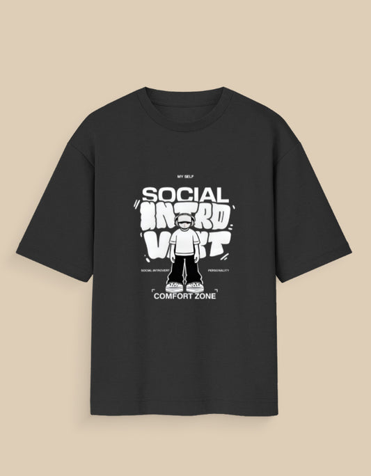 Black Social Introvert glow in the dark t-shirt with white graphic text and cartoon character design