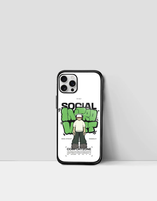 Social introvert iphone cover with cartoon character and green graffiti design from AnimeVerseStore