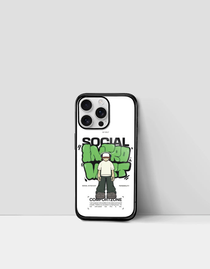 Social introvert iPhone cover with cartoon character and green graffiti design by AnimeVerseStore