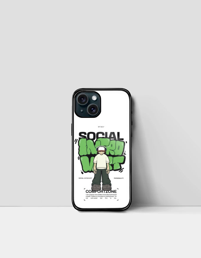 Social introvert iPhone cover with cartoon character and green graffiti design for unique phone protection