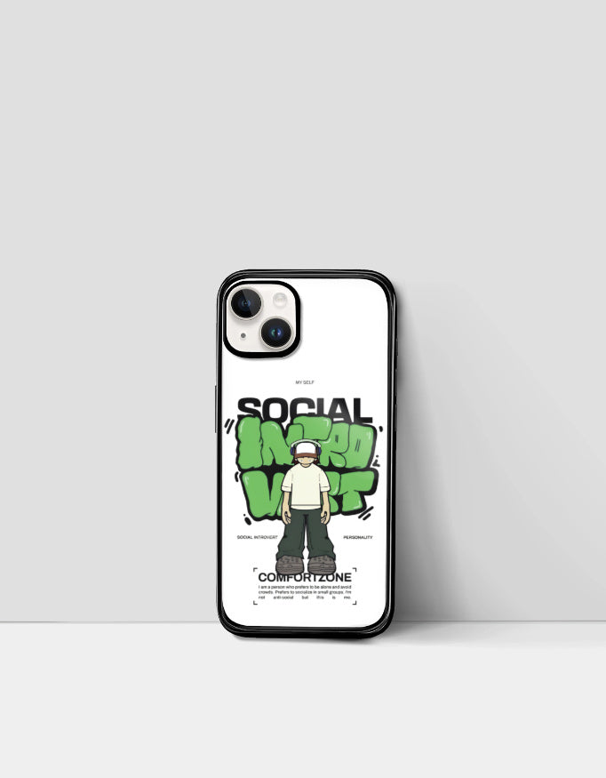 Social introvert iPhone cover with anime character and green graffiti style text design
