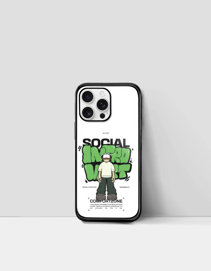 Social introvert iPhone cover with graphic character and green graffiti design by AnimeVerseStore