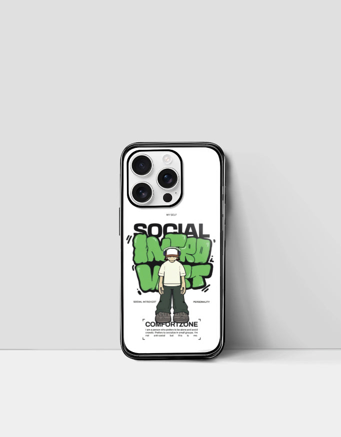Social introvert iPhone cover with anime-inspired design featuring a character and green graffiti text