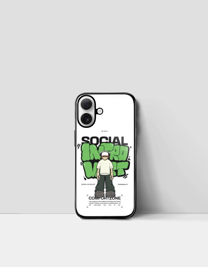 Social introvert iPhone cover with cartoon character and bold green text design