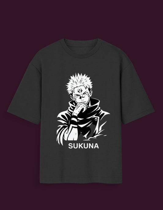 Black sukuna glow in the dark t-shirt featuring anime character Sukuna in white graphic design