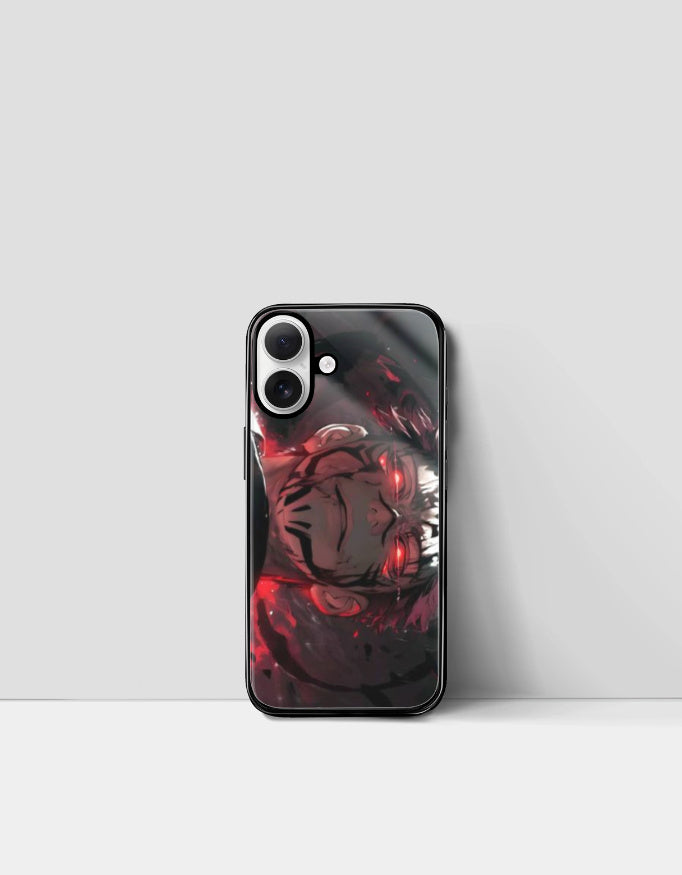 Sukuna iPhone case featuring intense red and black anime design with glowing eyes