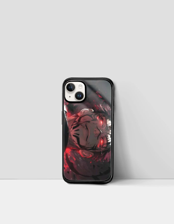 Anime-themed Sukuna iPhone case with dark red and black design featuring intense character artwork