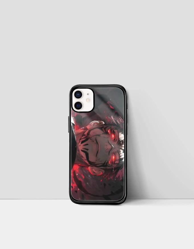 Sukuna iPhone case featuring a dark red and black anime design with glowing eyes on a black border