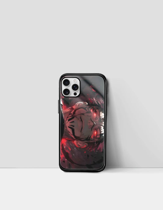Sukuna iPhone case with dark red and black anime design featuring a fierce character face