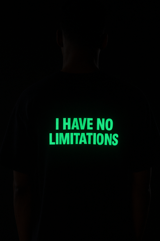 Thomas Shelby graphic tee with glowing I Have No Limitations text on the back in green