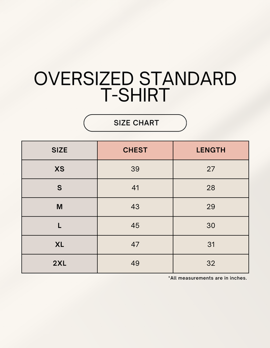 Size chart for Toji Fushiguro oversized tee showing chest and length measurements from XS to 2XL