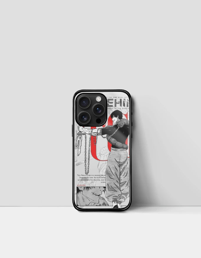 Toji iPhone glass case featuring AnimeVerseStore design with black and white anime character and red accents