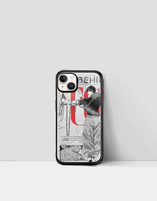 Toji iPhone glass case featuring anime character design with black and white and red accents