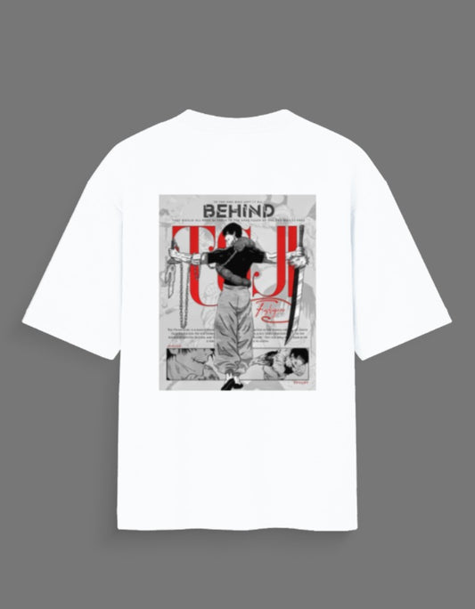 White Toji oversized anime tee featuring a black and white manga style graphic with red text on back
