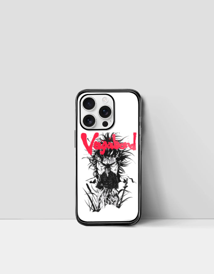 Vagabond anime iPhone case featuring black and white samurai artwork with bold red Vagabond text