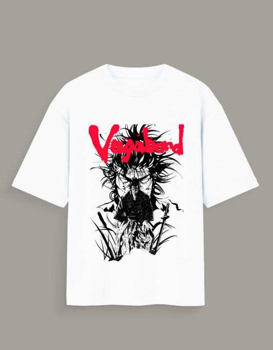 White Vagabond manga graphic shirt featuring black samurai artwork and red Vagabond text