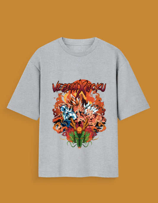 Gray Vegeta Goku limited edition t-shirt featuring dynamic anime characters and vibrant fire design