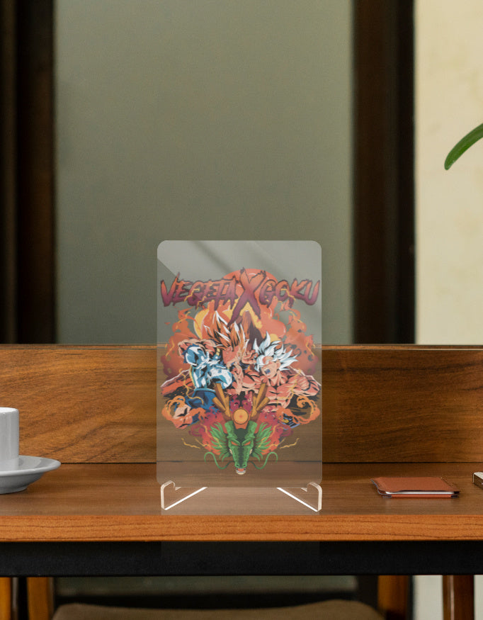 Vegeta x Goku character relic displayed on a wooden table with a modern aesthetic