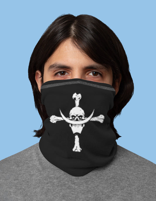 Black neck gaiter featuring Whitebeard bandana One Piece design with iconic skull and crossbones