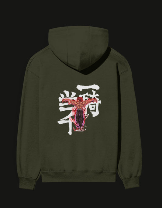 Yujiro Hanma hoodie in olive green featuring striking graphic and Japanese text design on the back