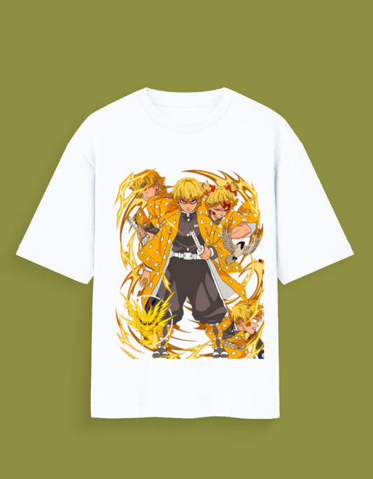 White Zenitsu t-shirt India featuring multiple dynamic anime poses with yellow lightning effects