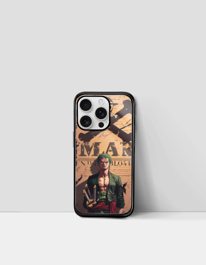 Zoro iPhone case featuring anime character design with swords and vintage poster background