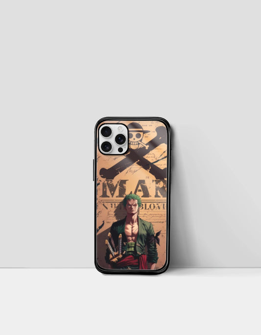 Zoro iPhone case featuring anime character Roronoa Zoro with swords and pirate emblem design