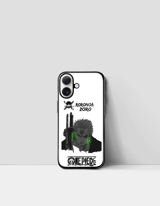 Zoro iPhone case featuring Roronoa Zoro from One Piece with black and green design