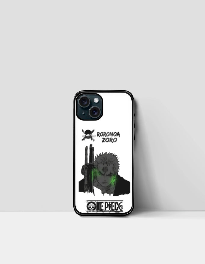 Zoro iPhone case featuring Roronoa Zoro anime character design with One Piece logo