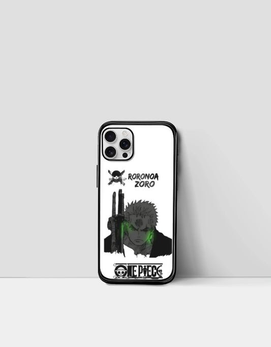 Zoro iPhone case featuring Roronoa Zoro from One Piece with a black and white design and green accents