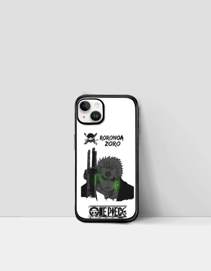 Zoro iPhone case featuring Roronoa Zoro character design from One Piece with black and green accents