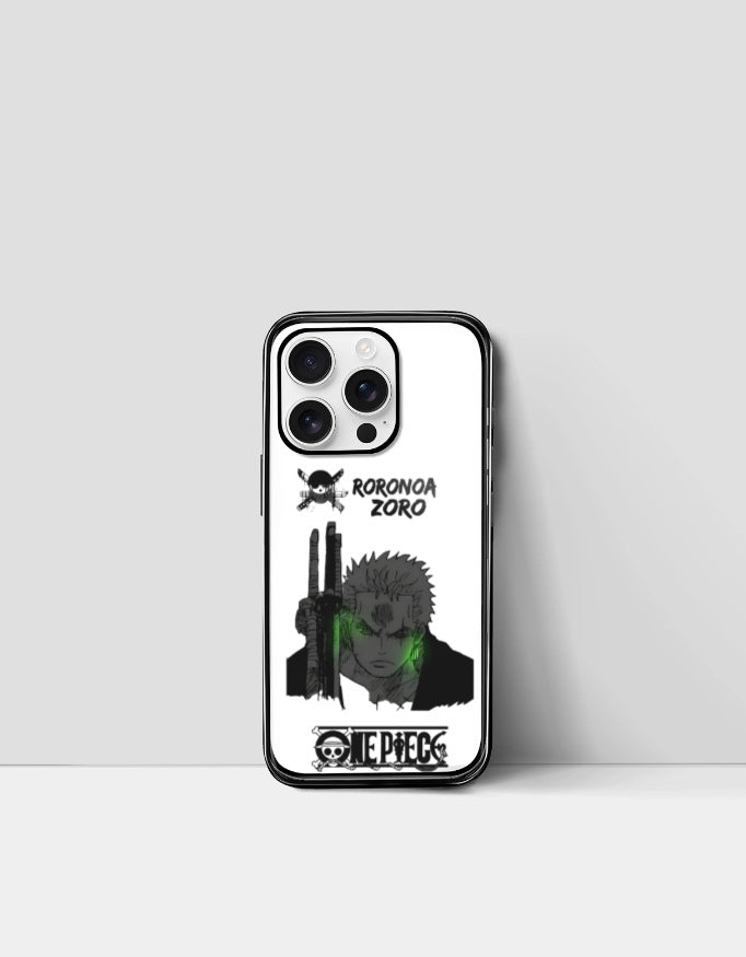 Zoro iPhone case with black and white One Piece design featuring Roronoa Zoro artwork