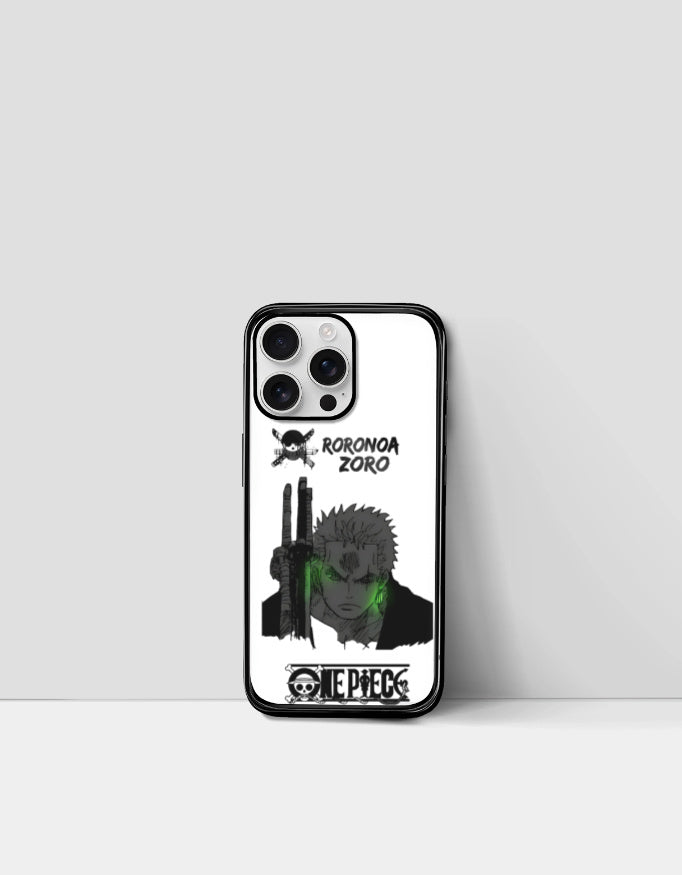 Zoro iPhone case featuring Roronoa Zoro black and white design with green accents from One Piece