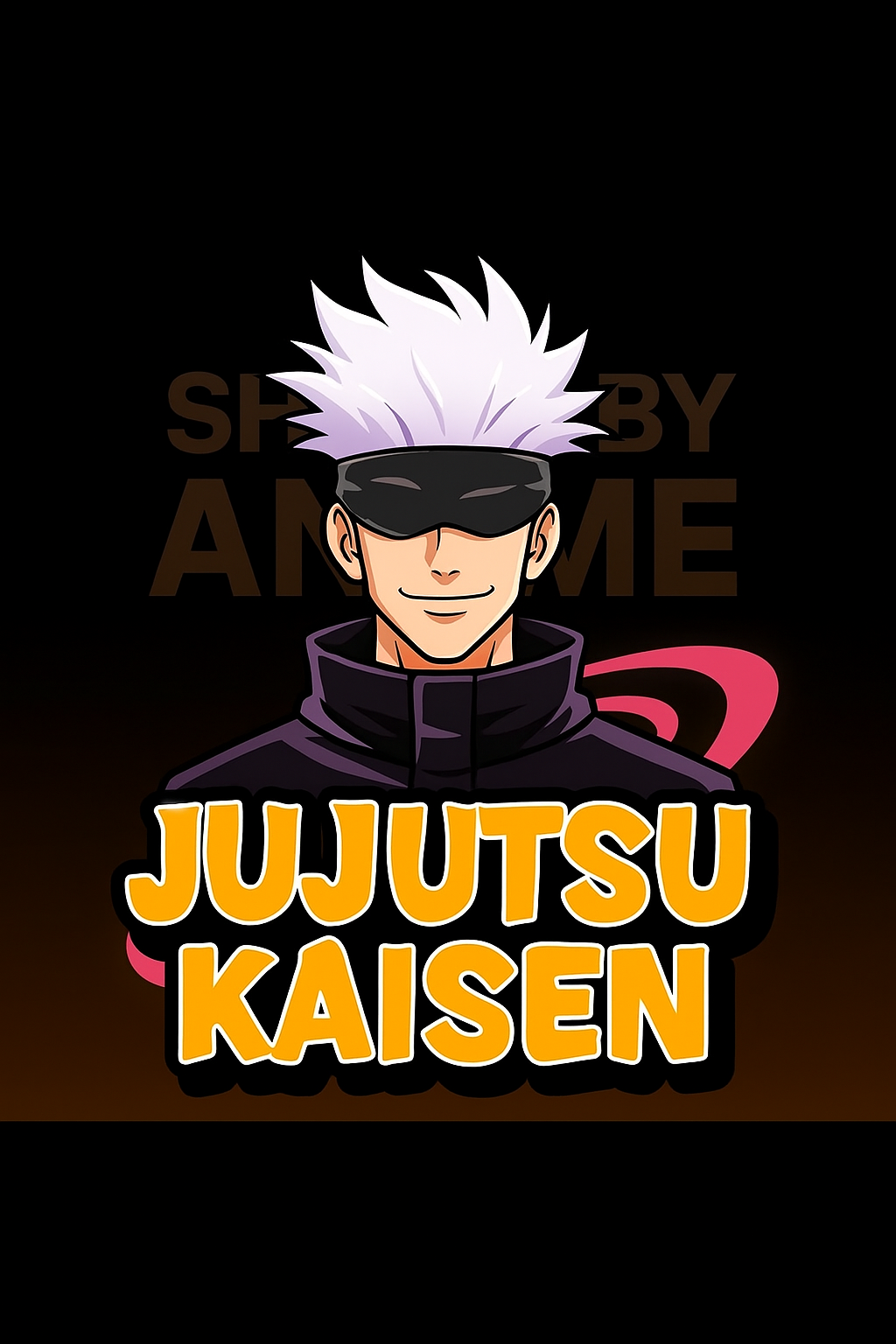Jujutsu Kaisen merchandise India promotional image of masked white haired anime character with bold orange logo