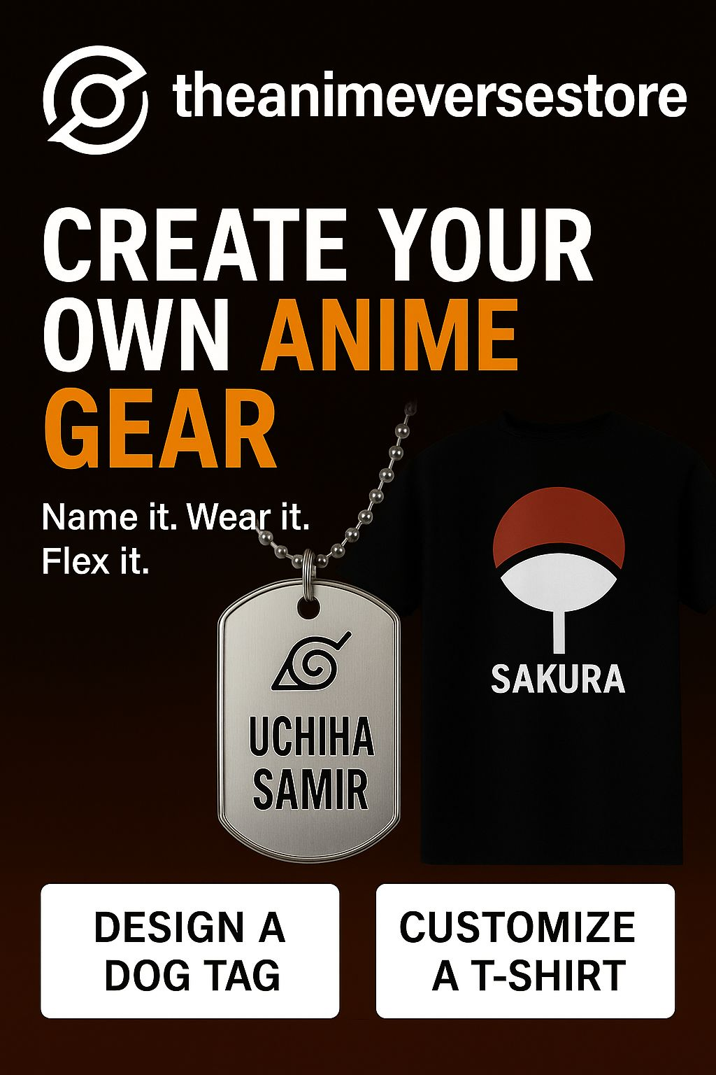 Animeverse custom lab exclusive collection featuring customizable anime gear like dog tags and t-shirts