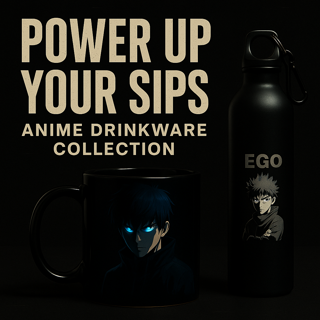 Anime drinkware collection featuring a black mug and bottle with dark anime character designs